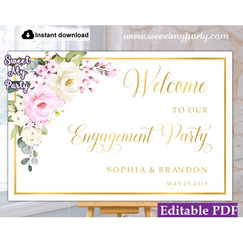 Cream pink roses Engagement Party welcome sign template,Engagement Party welcome sign,(135a)